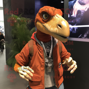 Rust Utahraptor mascot costume character dressed with a Windbreaker and Keychains