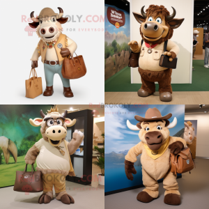 Tan Buffalo mascot costume character dressed with a Capri Pants and Handbags