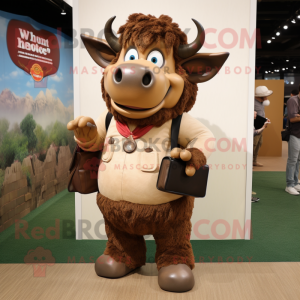 Tan Buffalo mascot costume character dressed with a Capri Pants and Handbags