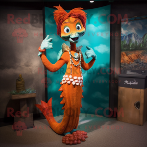 Rust Mermaid mascot costume character dressed with a Sheath Dress and Bracelets