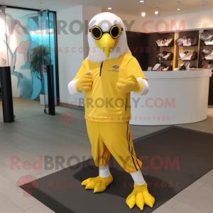 Lemon Yellow Bald Eagle mascot costume character dressed with a Joggers and Bracelet watches