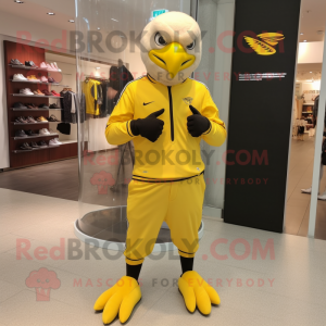 Lemon Yellow Bald Eagle mascot costume character dressed with a Joggers and Bracelet watches