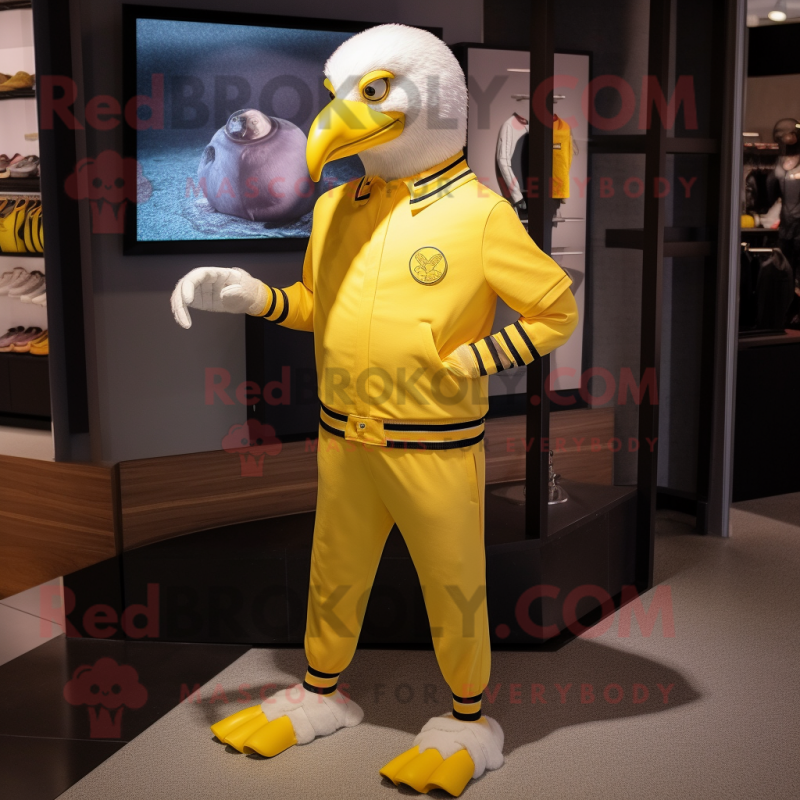 Lemon Yellow Bald Eagle mascot costume character dressed with a Joggers and Bracelet watches
