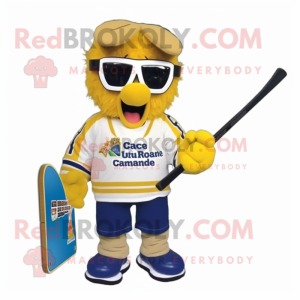 Gold Ice Hockey Stick mascot costume character dressed with a Windbreaker and Reading glasses