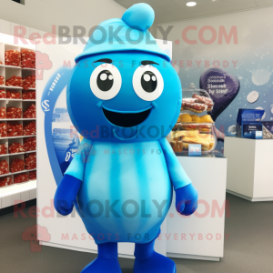 Sky Blue Chocolates mascot costume character dressed with a Swimwear and Beanies