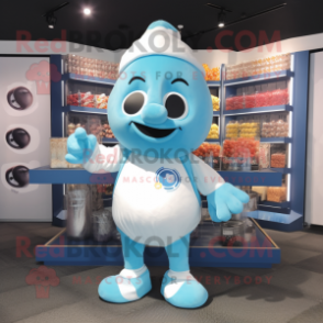 Sky Blue Chocolates mascot costume character dressed with a Swimwear and Beanies