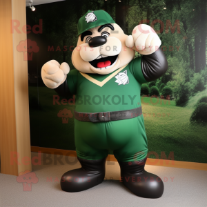 Forest Green Strongman mascot costume character dressed with a Baseball Tee and Gloves