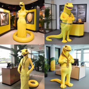 Lemon Yellow Titanoboa mascot costume character dressed with a Sheath Dress and Tie pins