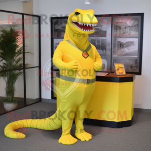 Lemon Yellow Titanoboa mascot costume character dressed with a Sheath Dress and Tie pins