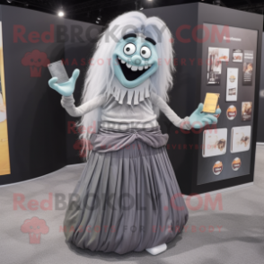 Gray Undead mascot costume character dressed with a Pleated Skirt and Wallets