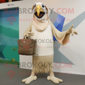 Beige Vulture mascot costume character dressed with a One-Piece Swimsuit and Clutch bags