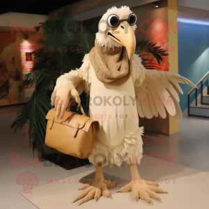 Beige Vulture mascot costume character dressed with a One-Piece Swimsuit and Clutch bags