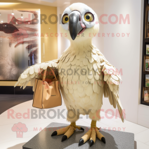 Beige Vulture mascot costume character dressed with a One-Piece Swimsuit and Clutch bags