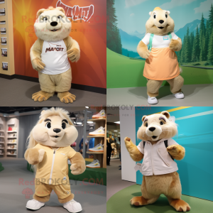 Cream Marmot mascot costume character dressed with a Mini Skirt and Shoe laces