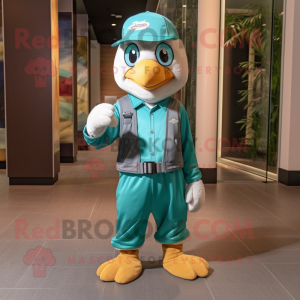 Teal Falcon mascot costume character dressed with a Overalls and Beanies