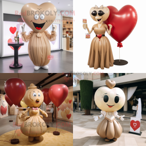 Tan Heart Shaped Balloons mascot costume character dressed with a Cocktail Dress and Handbags
