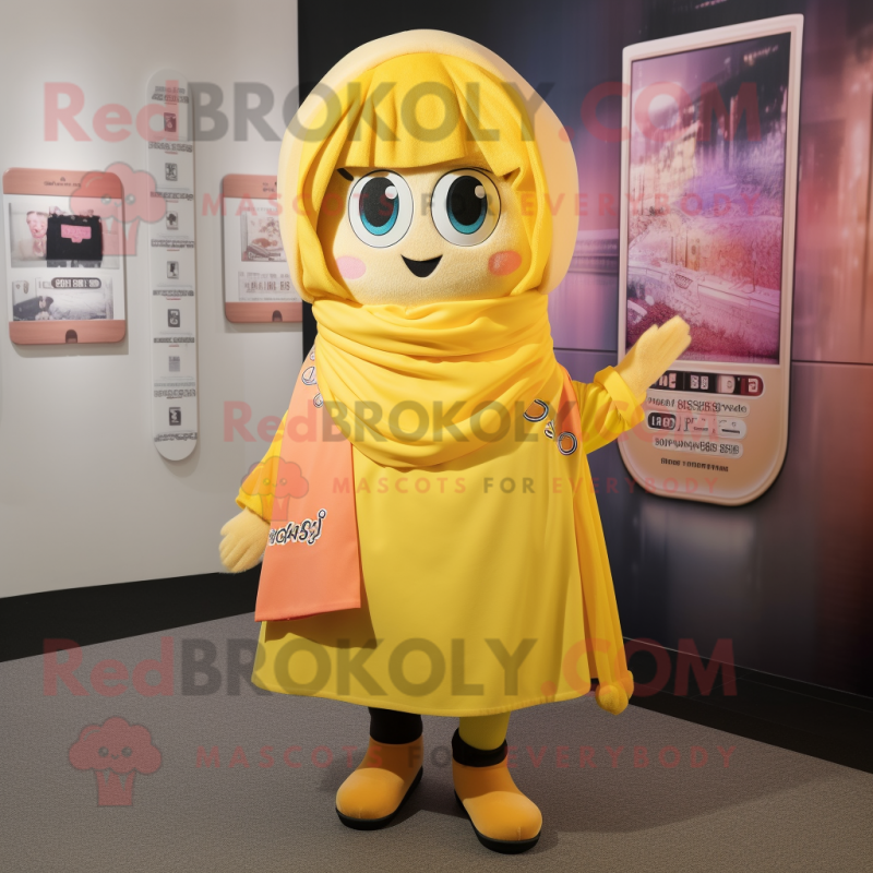 Yellow Miso Soup mascot costume character dressed with a A-Line Skirt and Scarves