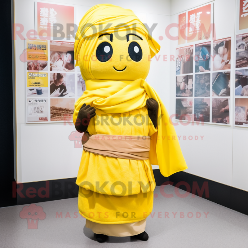 Yellow Miso Soup mascot costume character dressed with a A-Line Skirt and Scarves