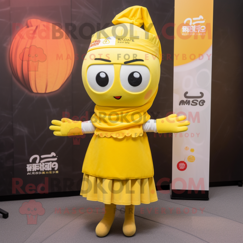 Yellow Miso Soup mascot costume character dressed with a A-Line Skirt and Scarves