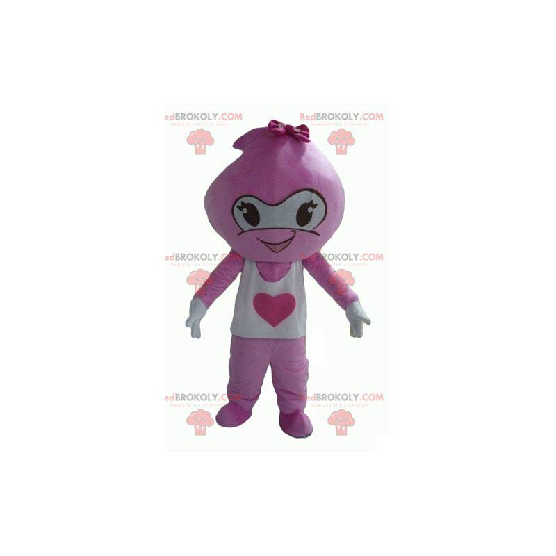 Nettes und lächelndes rosa und weißes Schneemannmaskottchen -