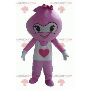 Nettes und lächelndes rosa und weißes Schneemannmaskottchen -