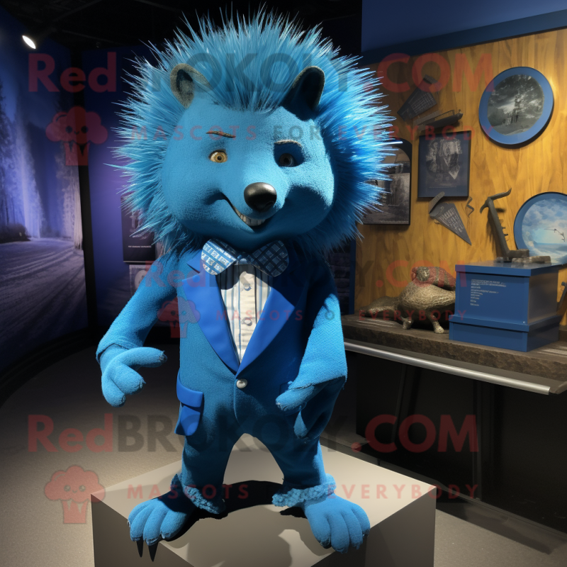 Blue Porcupine mascot costume character dressed with a Graphic Tee and Bow ties