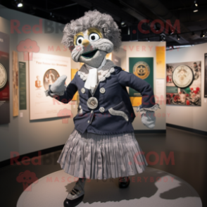 Gray Irish Dancer mascot costume character dressed with a Blazer and Shawl pins