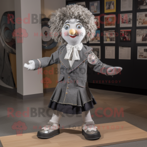 Gray Irish Dancer mascot costume character dressed with a Blazer and Shawl pins
