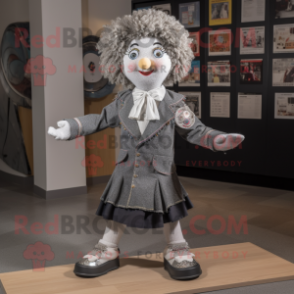 Gray Irish Dancer mascot costume character dressed with a Blazer and Shawl pins
