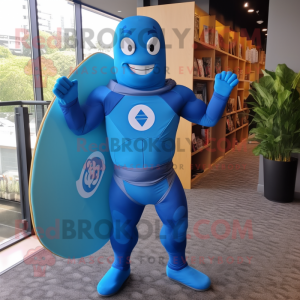 Blue Superhero mascot costume character dressed with a Board Shorts and Backpacks