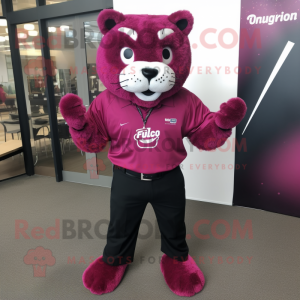 Magenta Jaguar mascot costume character dressed with a Dress Shirt and Hair clips