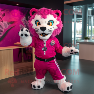 Magenta Jaguar mascot costume character dressed with a Dress Shirt and Hair clips