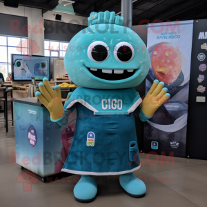 Cyan Tacos mascot costume character dressed with a Overalls and Wraps