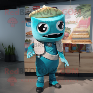 Cyan Tacos mascot costume character dressed with a Overalls and Wraps