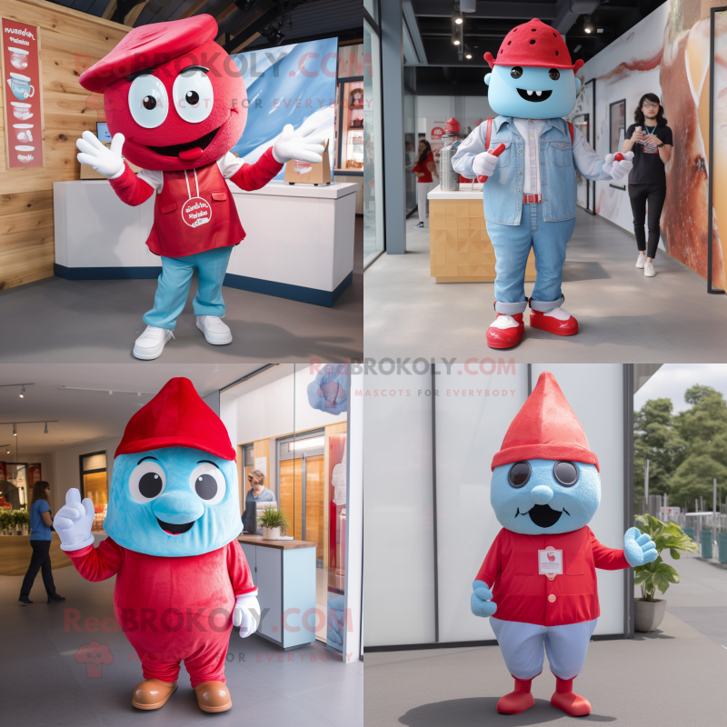 Red Ice Cream mascot costume character dressed with a Chambray Shirt and Beanies