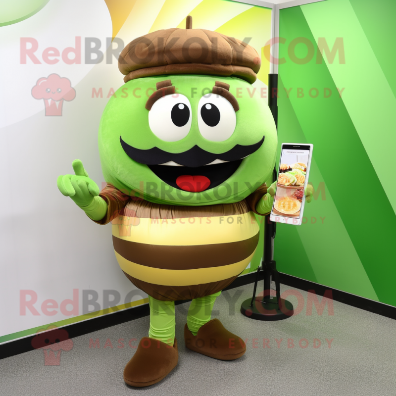 Olive Hamburger mascot costume character dressed with a Blouse and Wallets