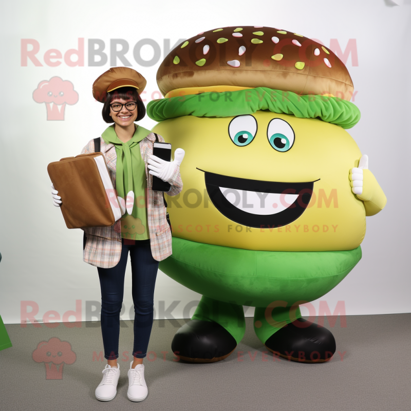 Olive Hamburger mascot costume character dressed with a Blouse and Wallets