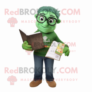 Forest Green Pad Thai mascot costume character dressed with a Jeans and Reading glasses