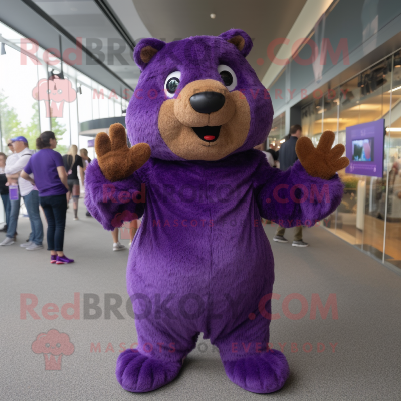 Purple Beaver mascot costume character dressed with a Jumpsuit and Headbands