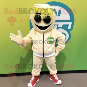 Cream Pesto Pasta mascot costume character dressed with a Moto Jacket and Shoe laces