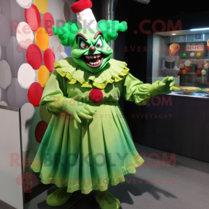 Green Evil Clown mascot costume character dressed with a Wrap Skirt and Brooches