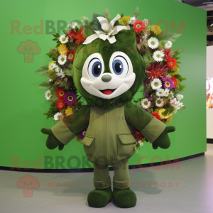 Olive Bouquet Of Flowers mascot costume character dressed with a Parka and Rings