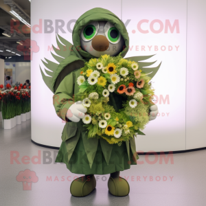 Olive Bouquet Of Flowers mascot costume character dressed with a Parka and Rings