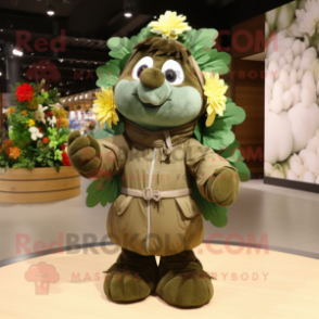 Olive Bouquet Of Flowers mascot costume character dressed with a Parka and Rings