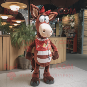 Maroon Okapi mascot costume character dressed with a Rugby Shirt and  Mittens - Mascot Costumes -  Sizes L (175-180CM)