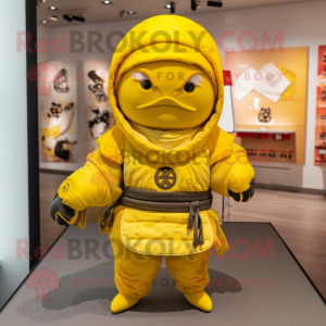 Lemon Yellow Samurai mascot costume character dressed with a Hoodie and Clutch bags