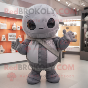 Gray Melon mascot costume character dressed with a Moto Jacket and Shawl pins