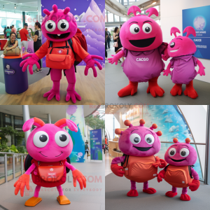 Magenta Crab Cakes mascot costume character dressed with a Culottes and Messenger bags