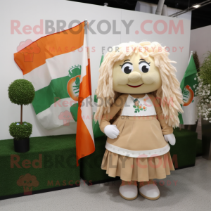 Beige Irish Flag mascot costume character dressed with a A-Line Dress and Hair clips