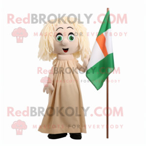 Beige Irish Flag mascot costume character dressed with a A-Line Dress and Hair clips